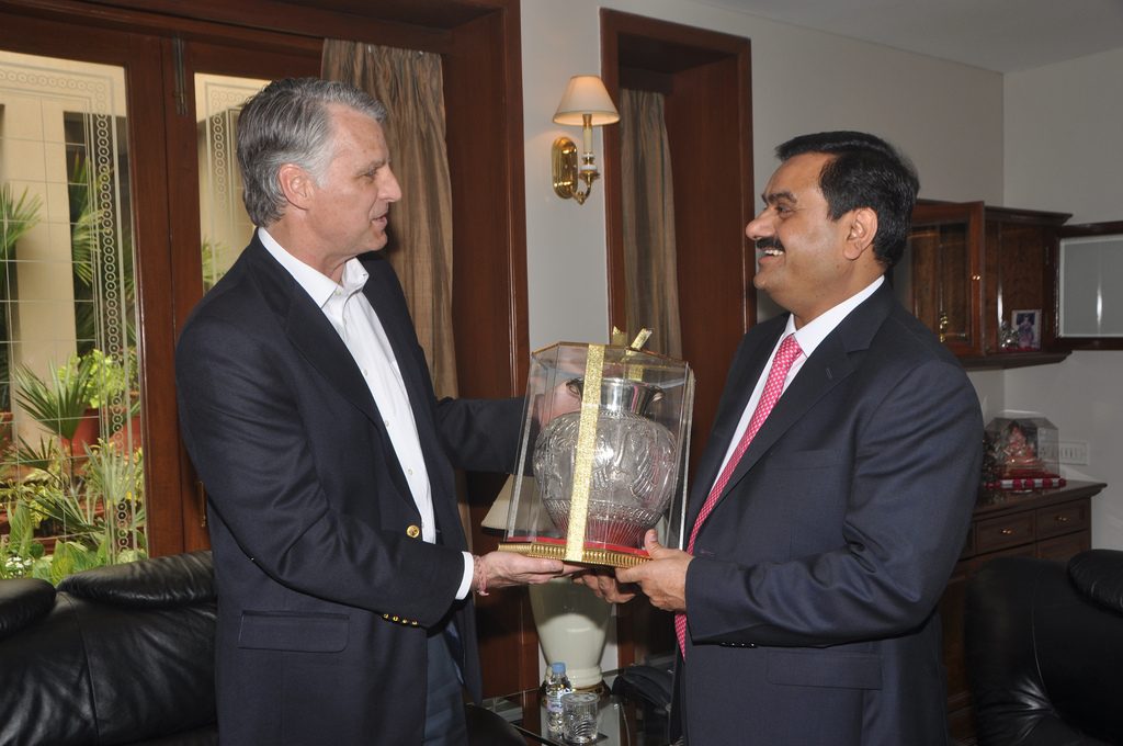 Gautam Adani with then US Ambassador Timothy Roemer at Adani House, Ahmedabad, January 2012